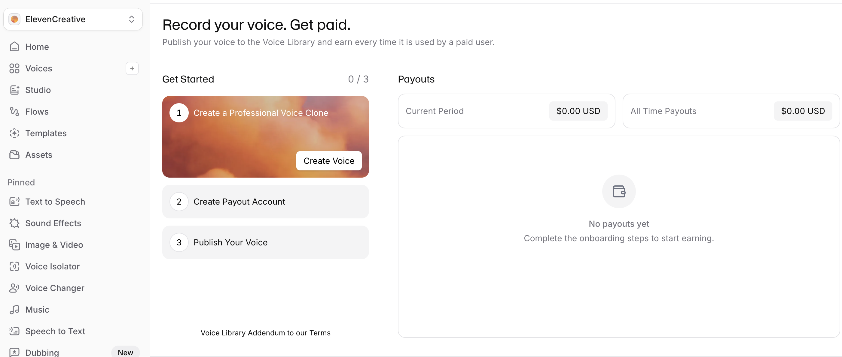ElevenLabs Record your voice Get paid onboarding with three steps